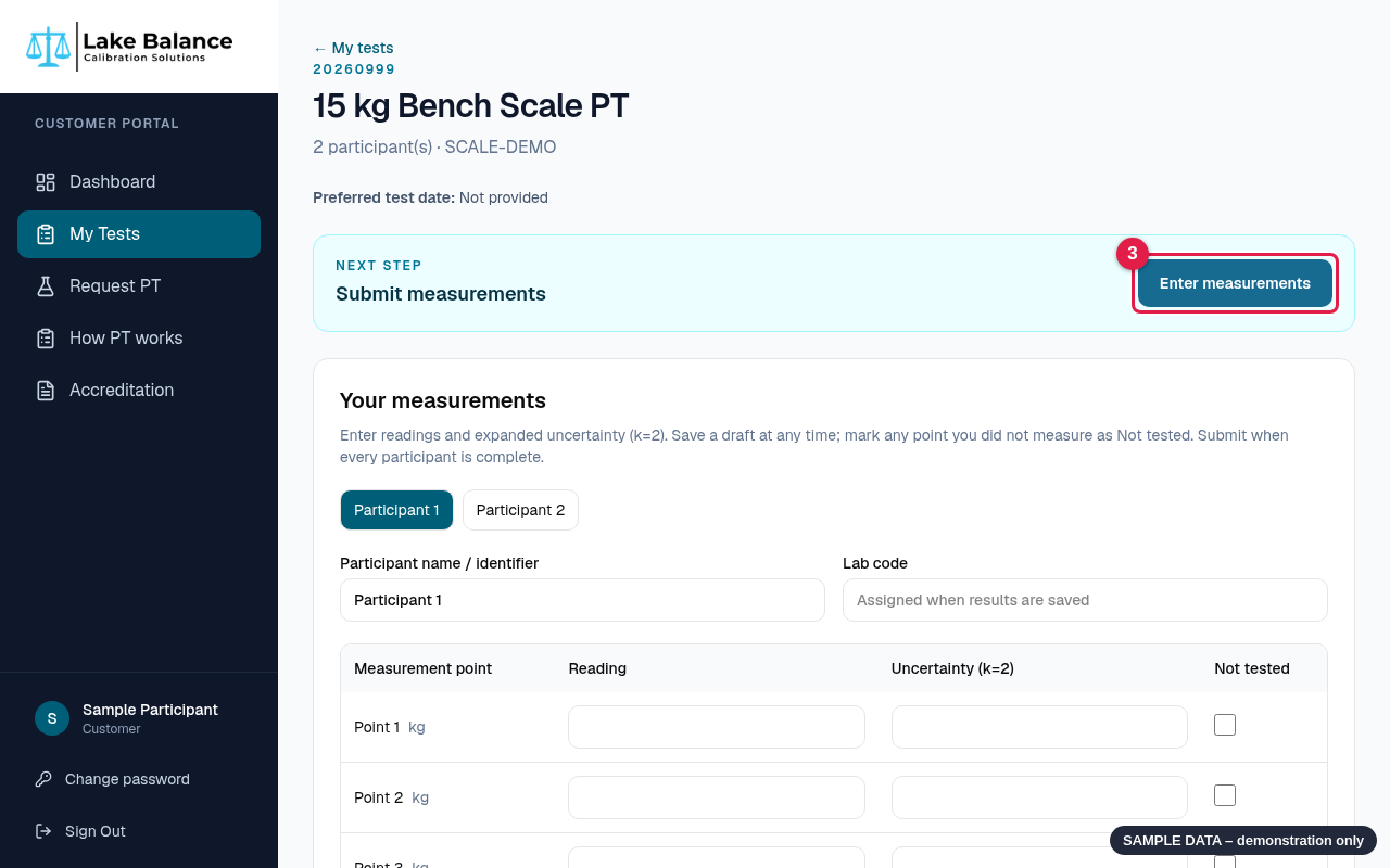 PT page with the Enter measurements button