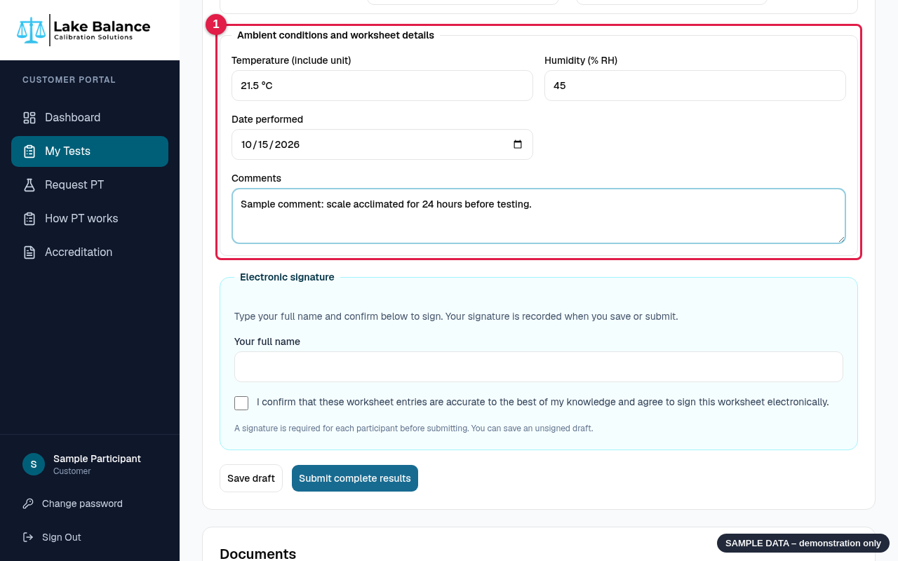 Ambient conditions and worksheet details