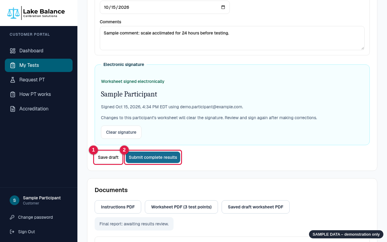 Save draft and Submit complete results buttons